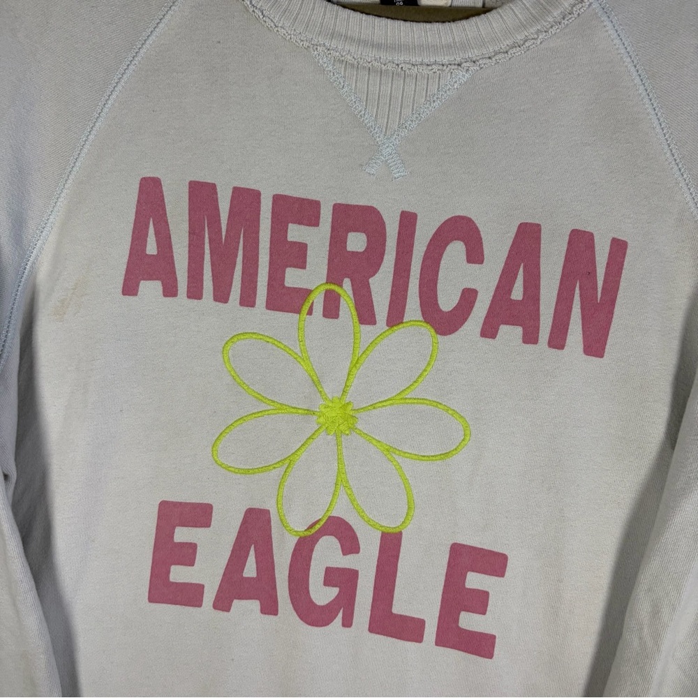 AMERICAN EAGLE 90’s y2k Neon Daisy Graphic Spell Out Logo Lived In Sweatshirt M - Picture 5 of 9